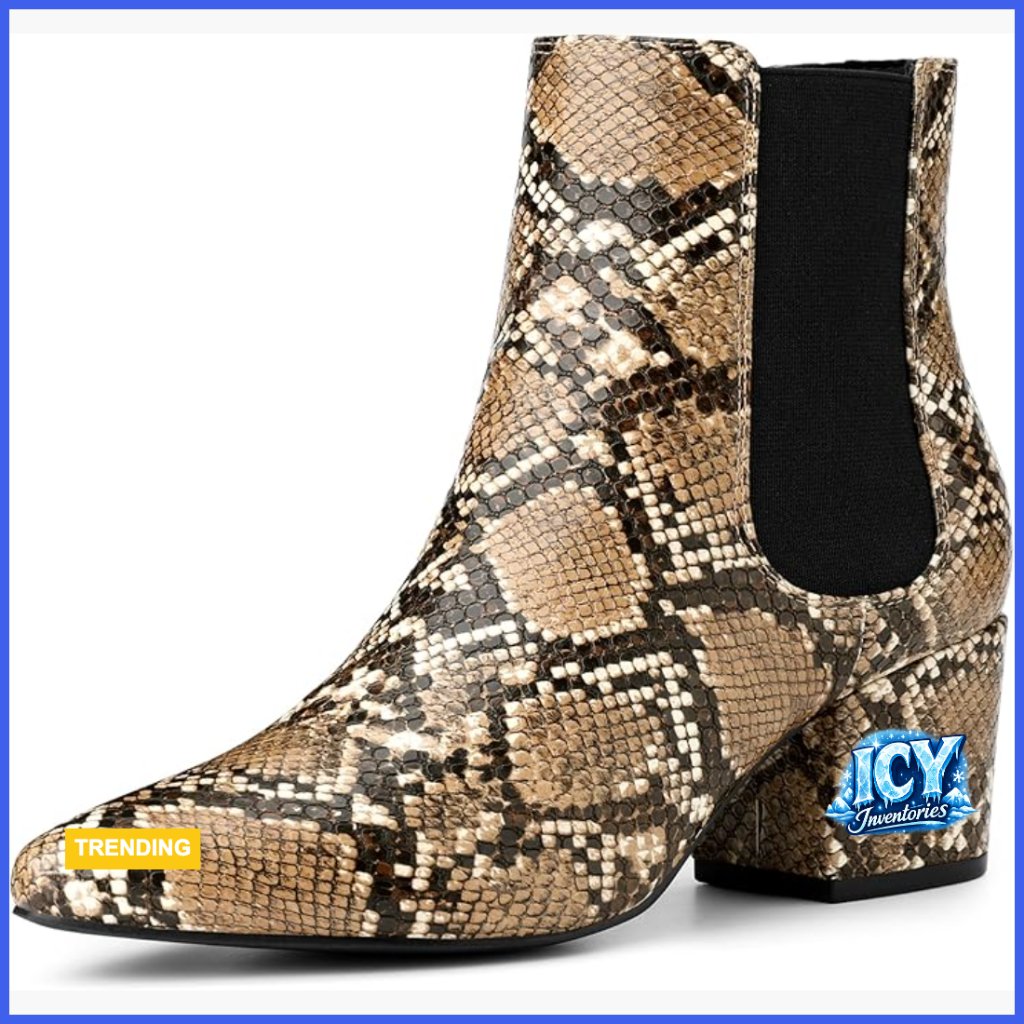 Faux Leather Snake Print Ankle Boots With Chunky Heels